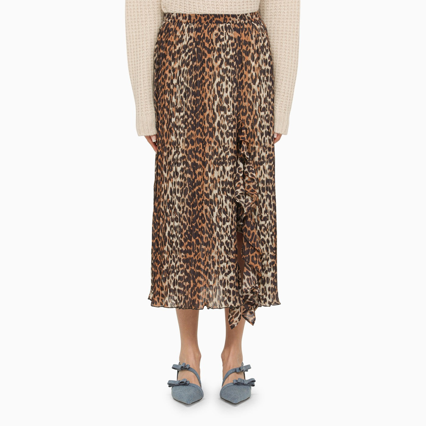 Ganni Leopard Print Midi Skirt With Ruffles