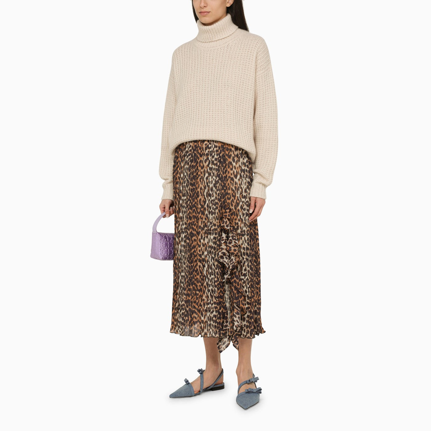 Ganni Leopard Print Midi Skirt With Ruffles