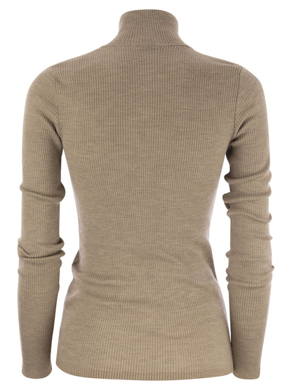 Brunello Cucinelli Lightweight Ribbed Virgin Wool And Cashmere Sweater With Precious Half Zip