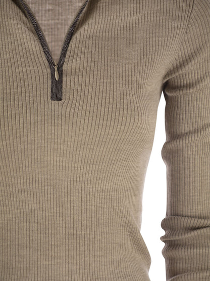 Brunello Cucinelli Lightweight Ribbed Virgin Wool And Cashmere Sweater With Precious Half Zip